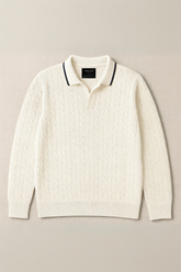 Wool Cable Knit Polo Sweater - Ivory